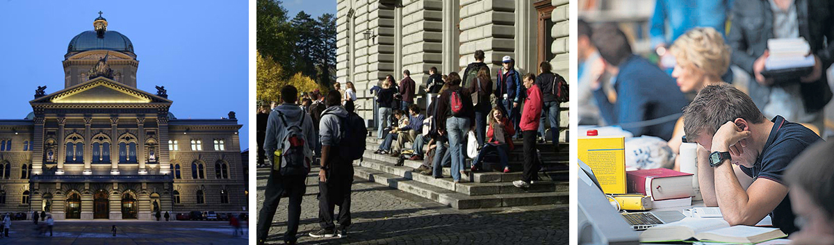 Studienaufbau Biochemie: Bundeshaus Bern, Studierende vor dem Campus, Studierende in der Bibliothek
